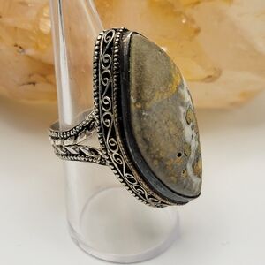 Bumblebee Jasper Oval Ring Unique Yellow Gray Stone Silver Plate Boho Statement